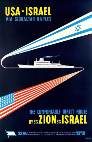 'ORIGINAL USA - ISRAELI SHIPPING TRAVEL VINTAGE POSTER 1950 SS ZION AND ISRAEL Zim