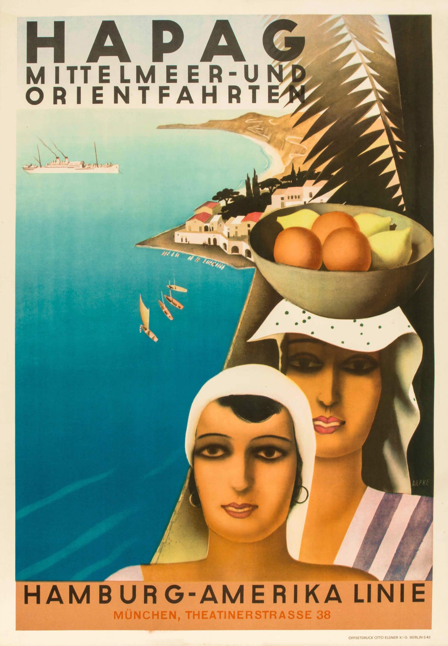 Jaffa Shore Advertisement Poster for the Mediterranean Cruises of Hamburg-America Line 1930s, Designed by Otto Arpke