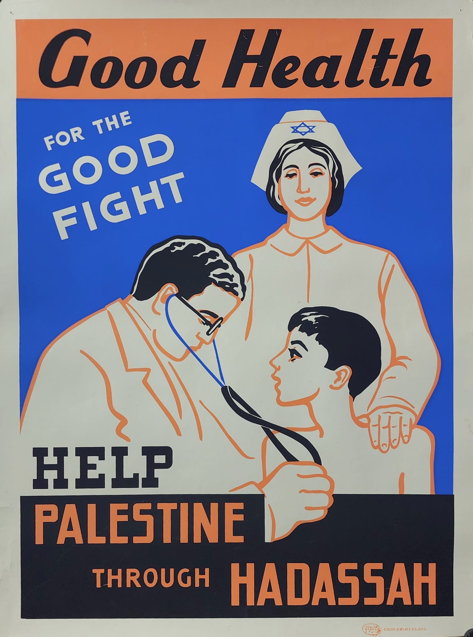 Extremely Rare Vintage Jewish Zionist 1945 Poster – Good Health for the Good Fight, Help Palestine "Eretz Israel" Through Hadassah (WWII Era)